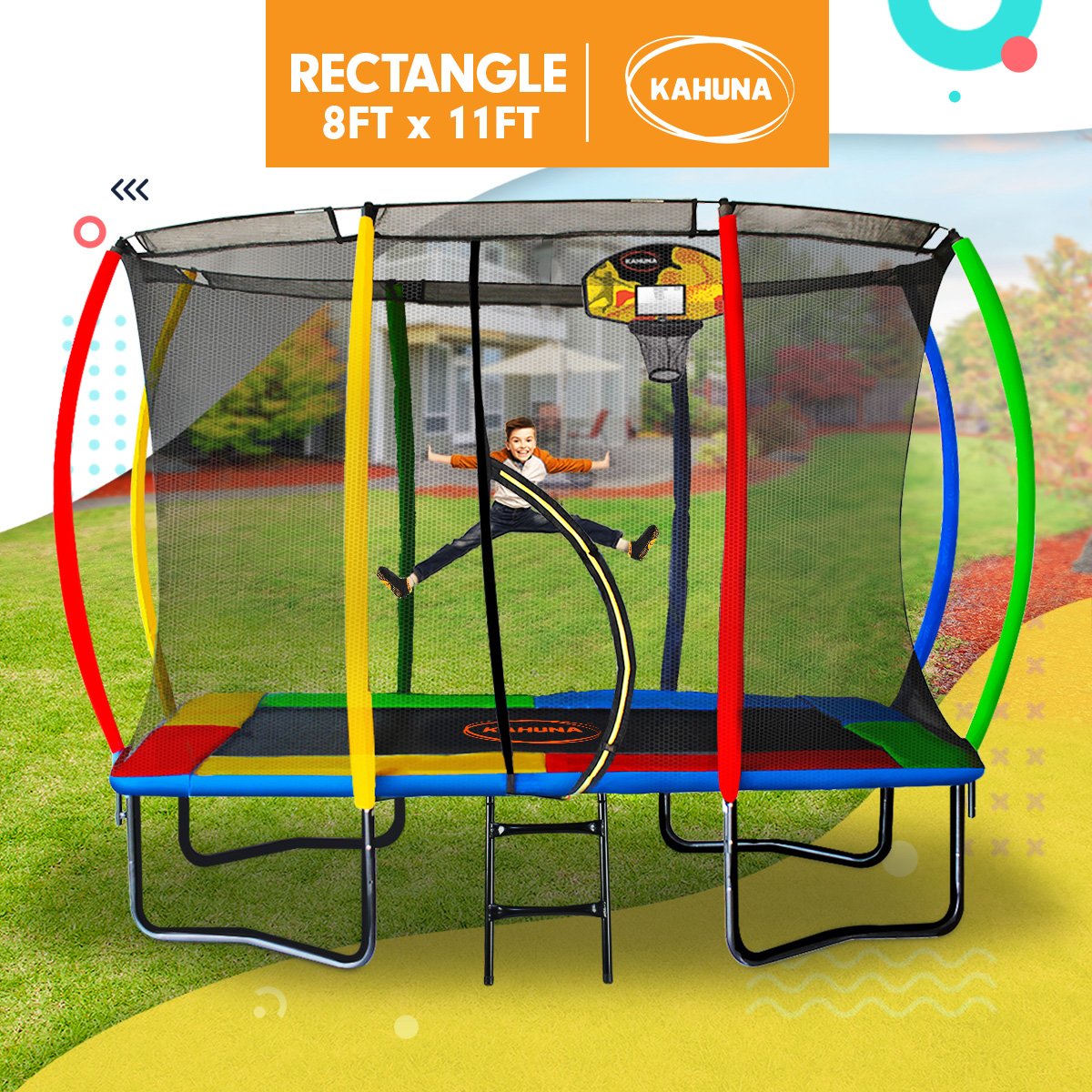 Kahuna 8ft x 11ft Outdoor Rectangular Rainbow Trampoline With Safety Enclosure And Basketball Hoop Set.