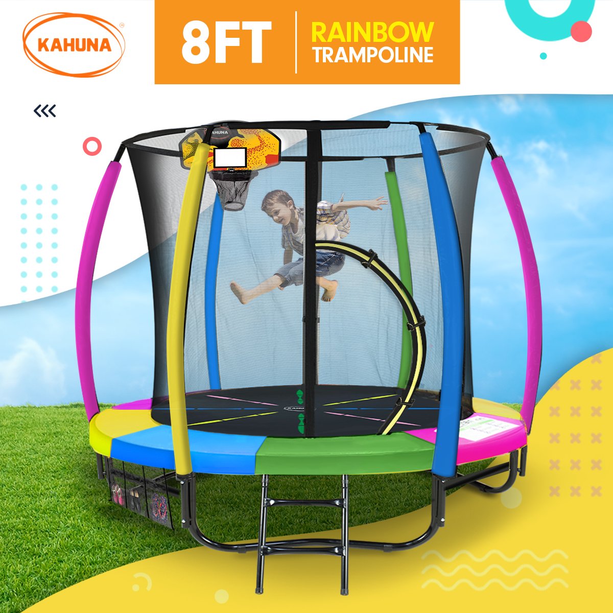 Kahuna 8ft Outdoor Trampoline Kids Children With Safety Enclosure Mat Pad Net Ladder Basketball Hoop Set - Rainbow