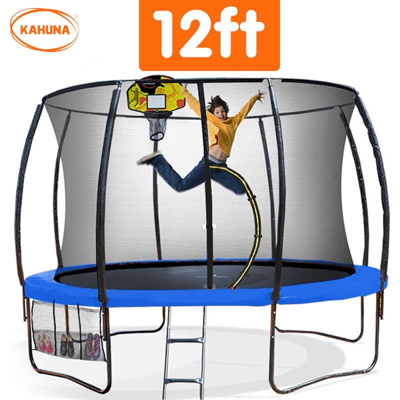 Kahuna 12ft Outdoor Trampoline Kids Children With Safety Enclosure Pad Mat Ladder Basketball Hoop Set - Blue