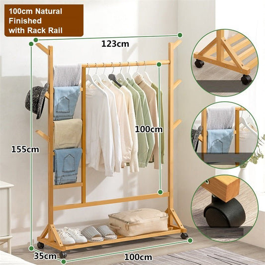 6 Hook Rack Rail Walnut Finished Portable Coat Stand Rack Rail Clothes Hat Garment Hanger Hook with Shelf Bamboo