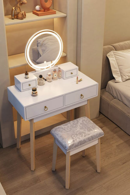 Dressing Vanity Table Stool Set with Make-up LED Lighted Mirror &#8211; White