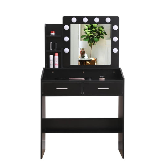 Diana Vanity Set with Shelves Cushioned Stool and Lighted Mirror- Black