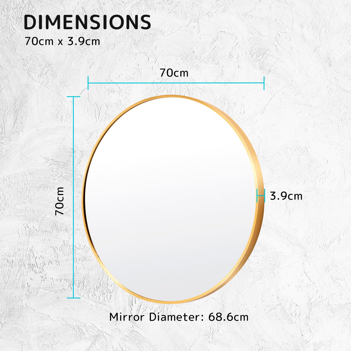 Wall Mirror Round Aluminum Frame Bathroom 70cm GOLD