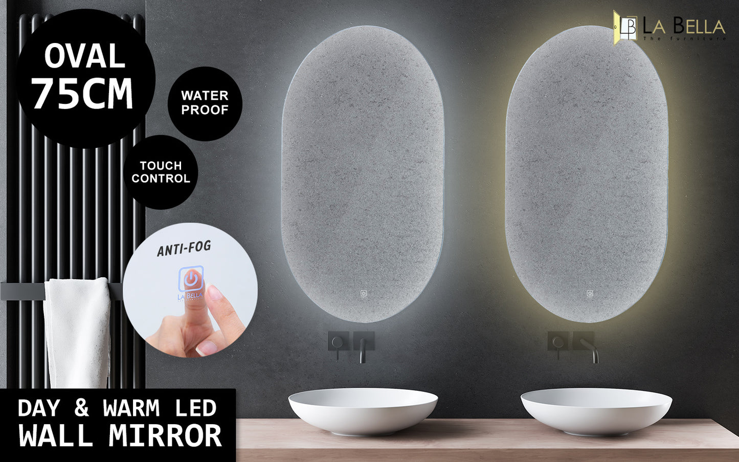 LED Wall Mirror Oval Anti-Fog Bathroom 50x75cm BLACK