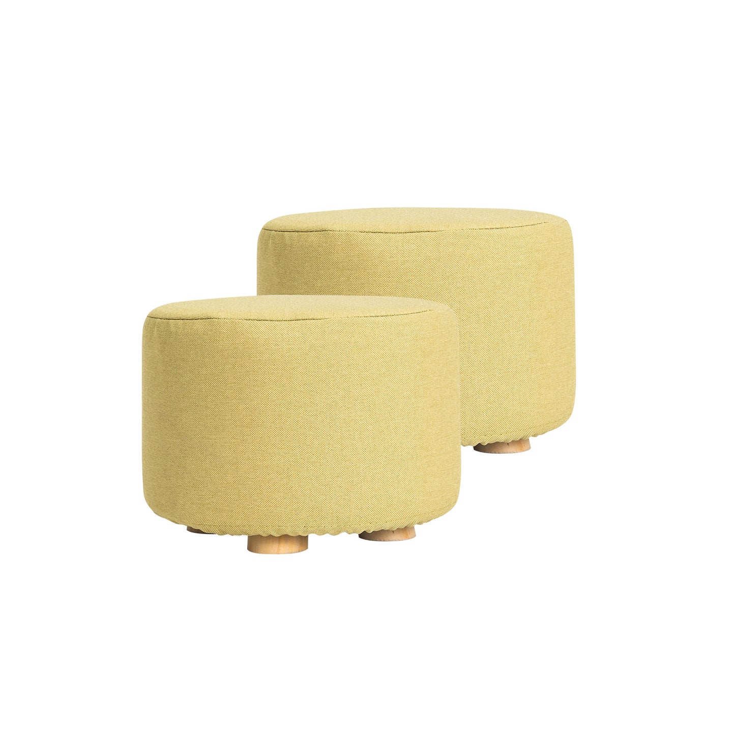 2X Fabric Ottoman Round Wooden Leg Foot Stool - Mustard Yellow