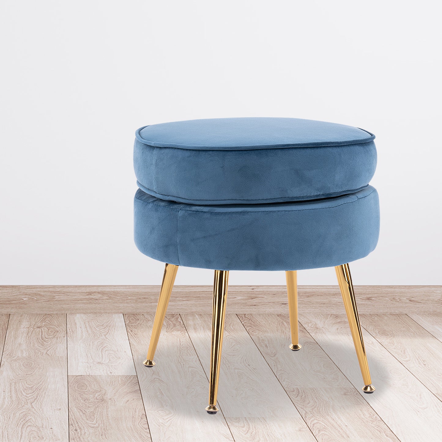 Ottoman Foot Stool Velvet Fabric Metal Leg Round NAVY BLUE