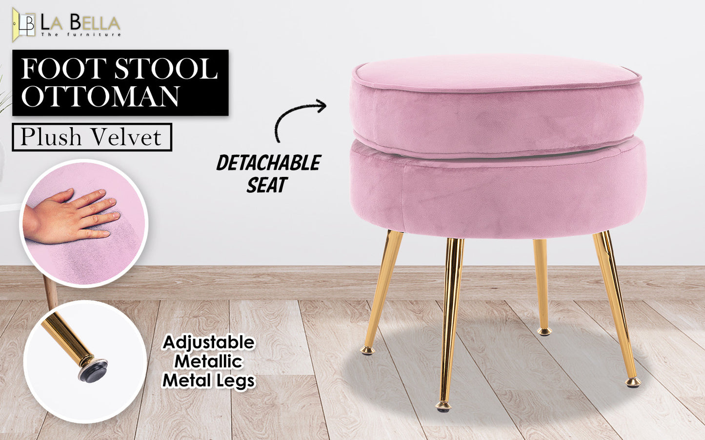 Ottoman Foot Stool Velvet Fabric Metal Leg Round PINK