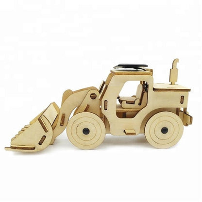 Model Bulldozer Tipper truck: Solar or battery powered plywood model-includes Motor or Solar powered options plus paint brush set