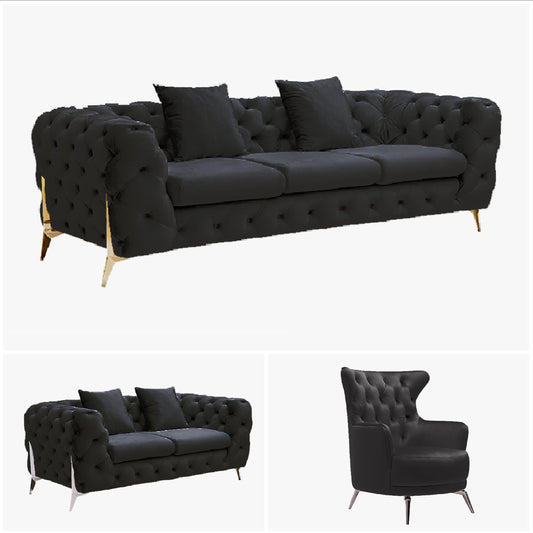 Grand Tufted Lounge - Black Velvet Fabric - Gold Legs