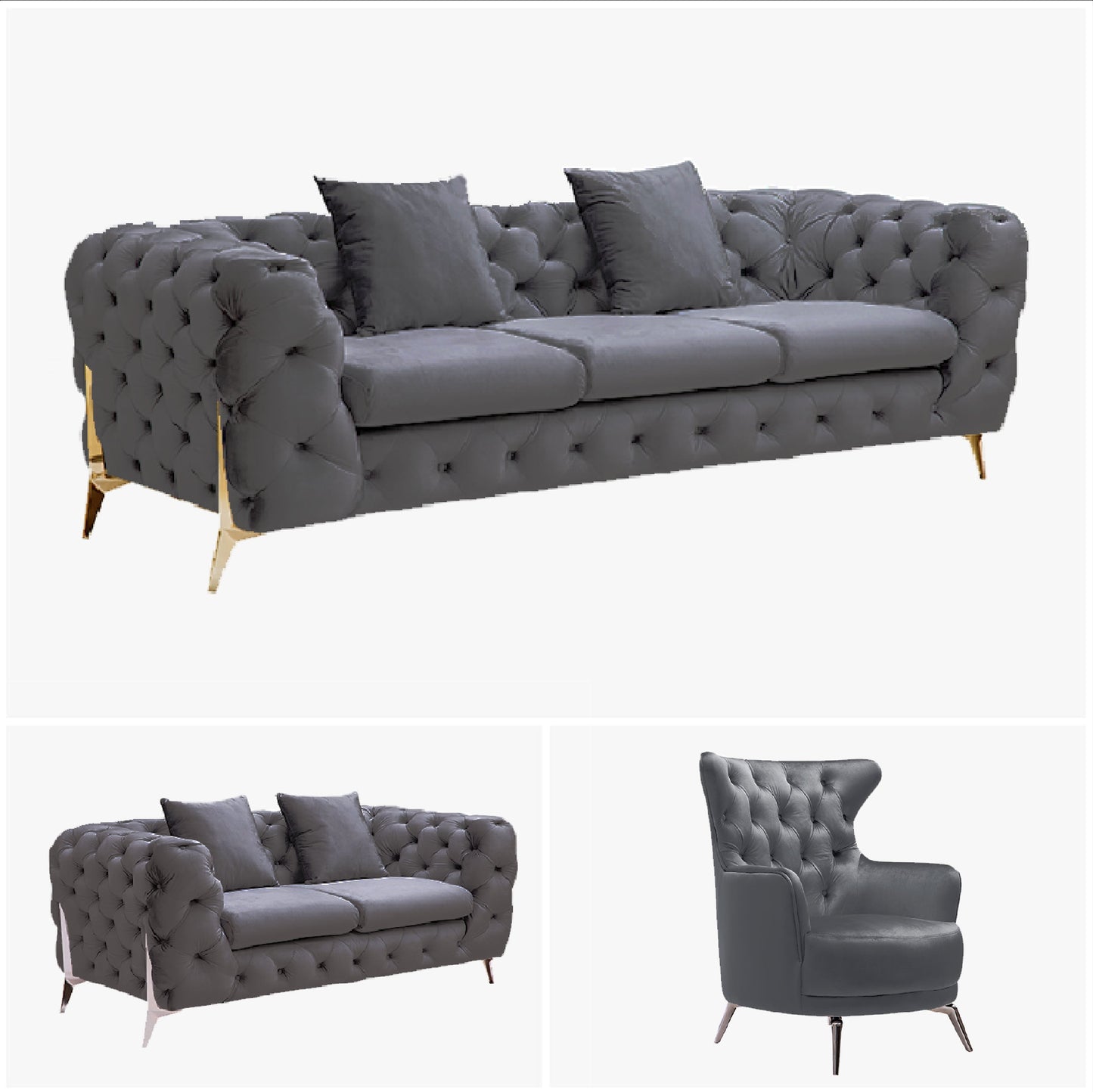 Grand Tufted Lounge - Dark Grey Velvet Fabric - Silver Legs