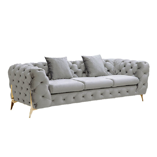 Grand Tufted Lounge - Light Grey Velvet Fabric - Gold Legs