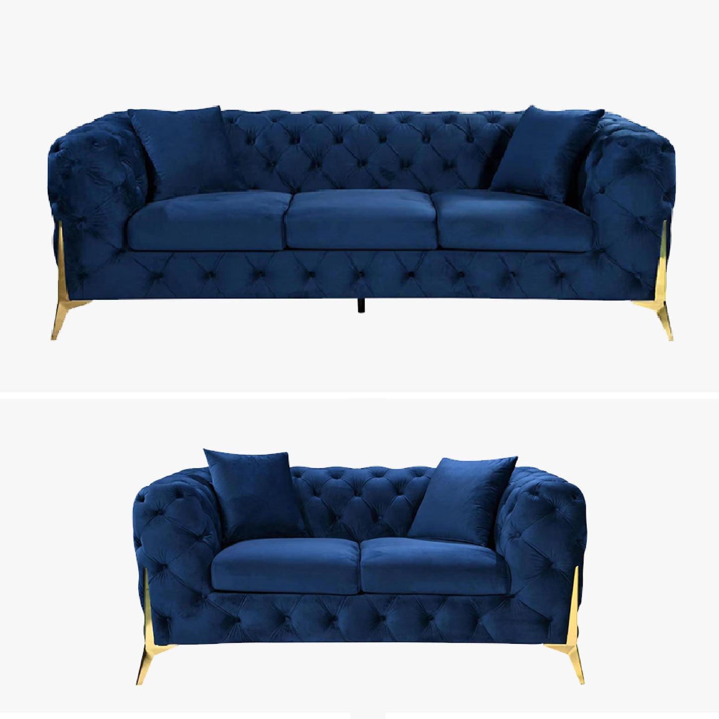 Grand Tufted Lounge - Blue Velvet Fabric - Gold Legs