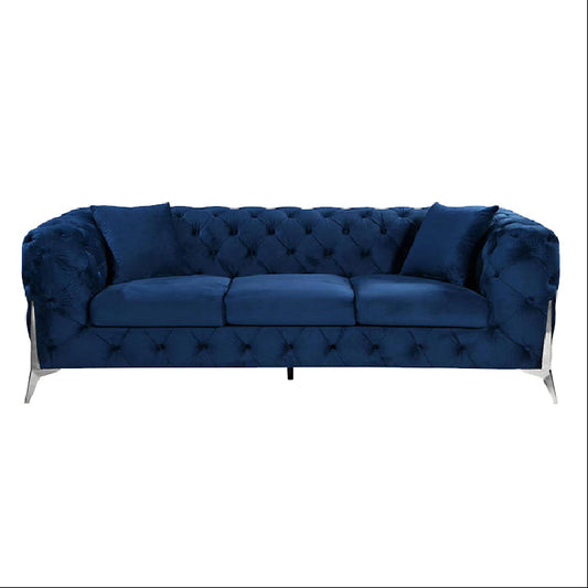 Grand Tufted Lounge - Blue Velvet Fabric - Silver Legs