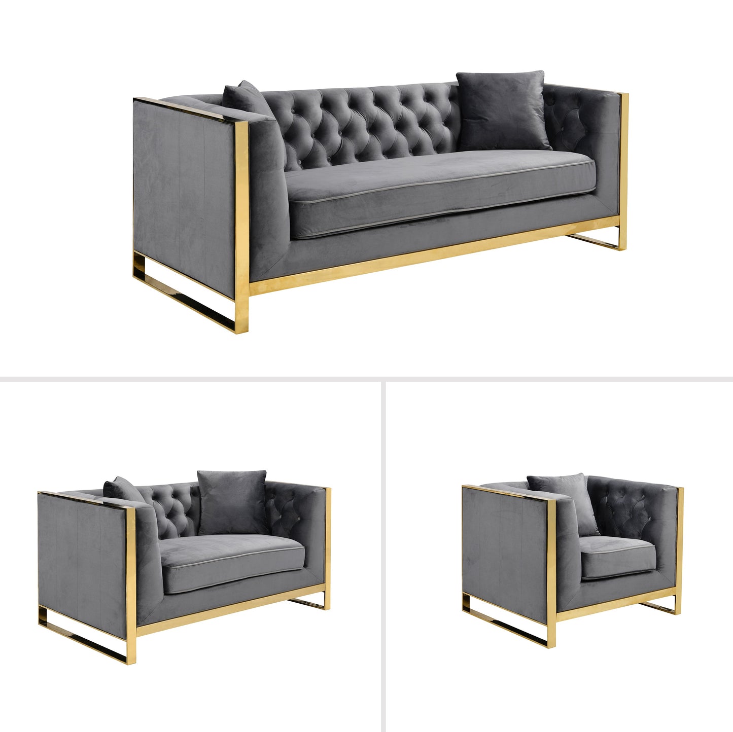 William Lounge - Dark Grey Velvet Fabric - Gold Trims