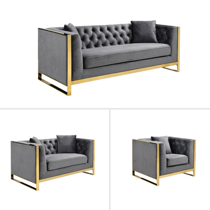 William Lounge - Dark Grey Velvet Fabric - Gold Trims