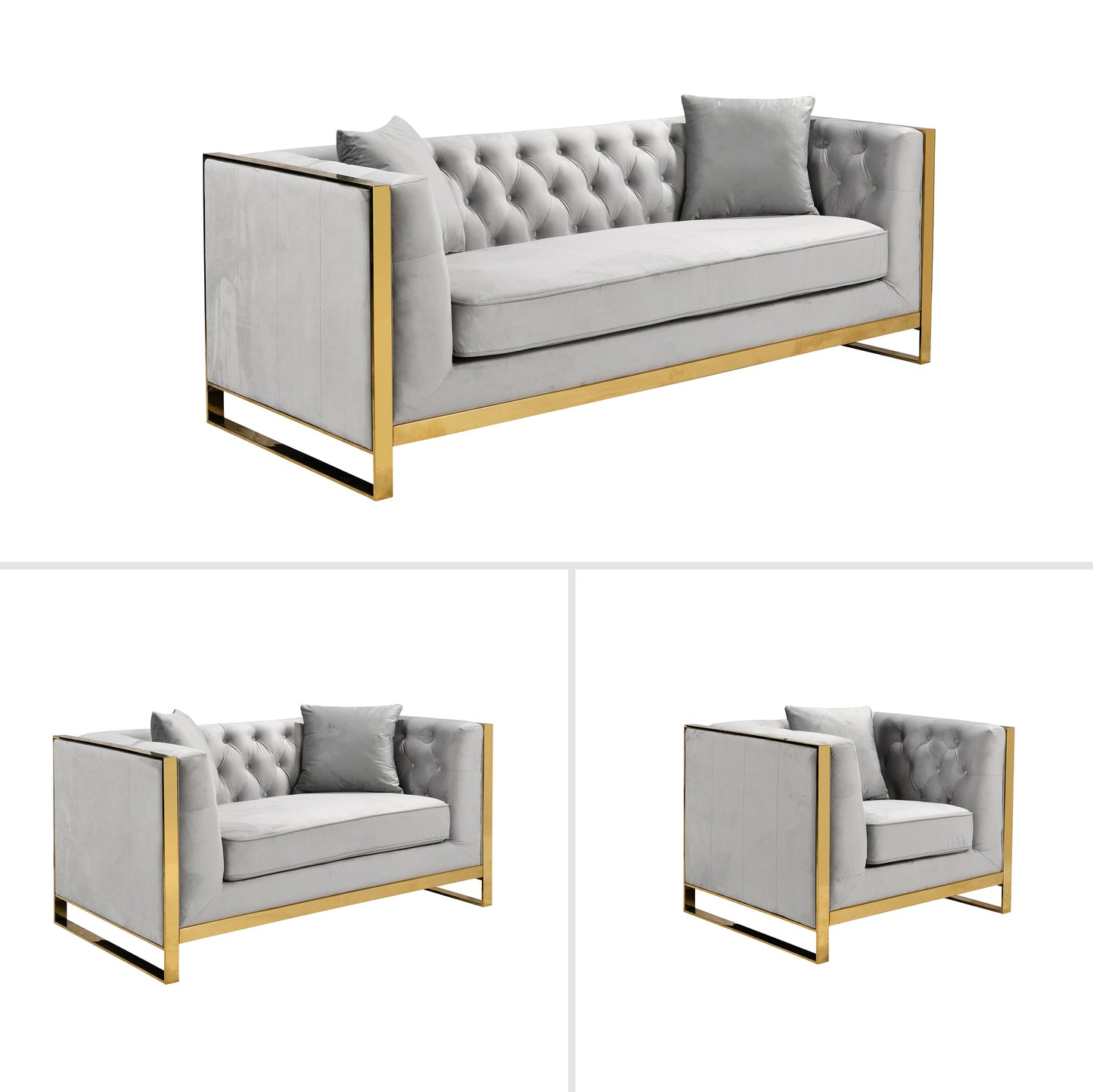 William Lounge - Dark Grey Velvet Fabric - Gold Trims