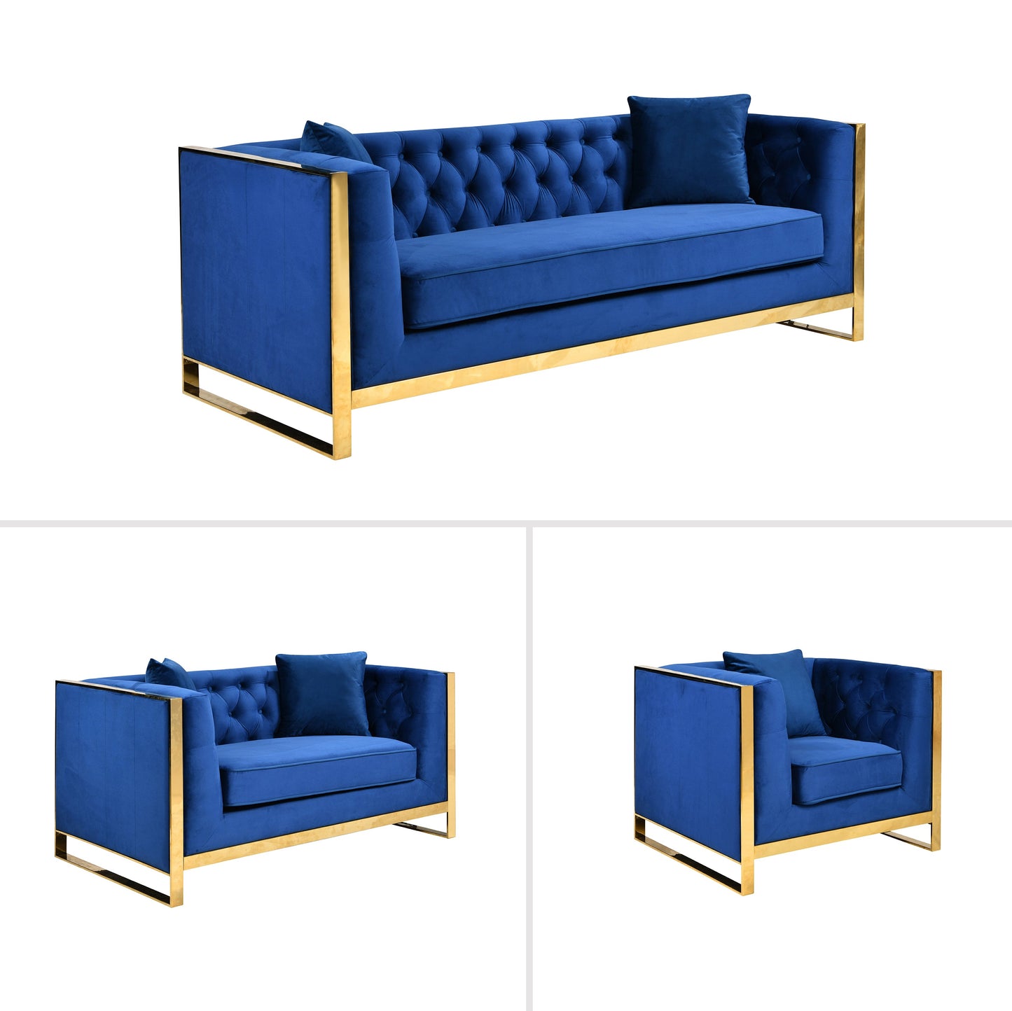 William Lounge - Blue Velvet Fabric - Gold Trims