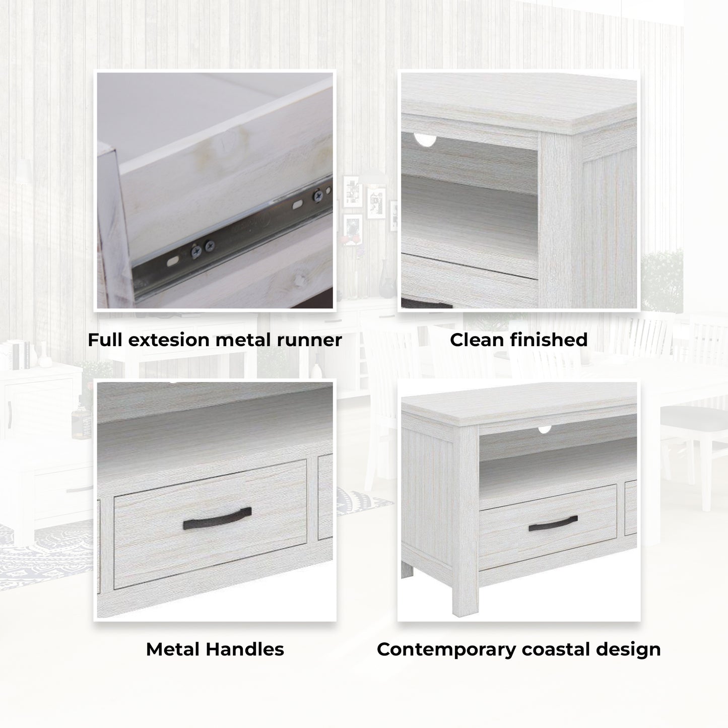 Foxglove ETU Entertainment TV Unit 166cm 3 Drawer Solid Mt Ash Wood - White