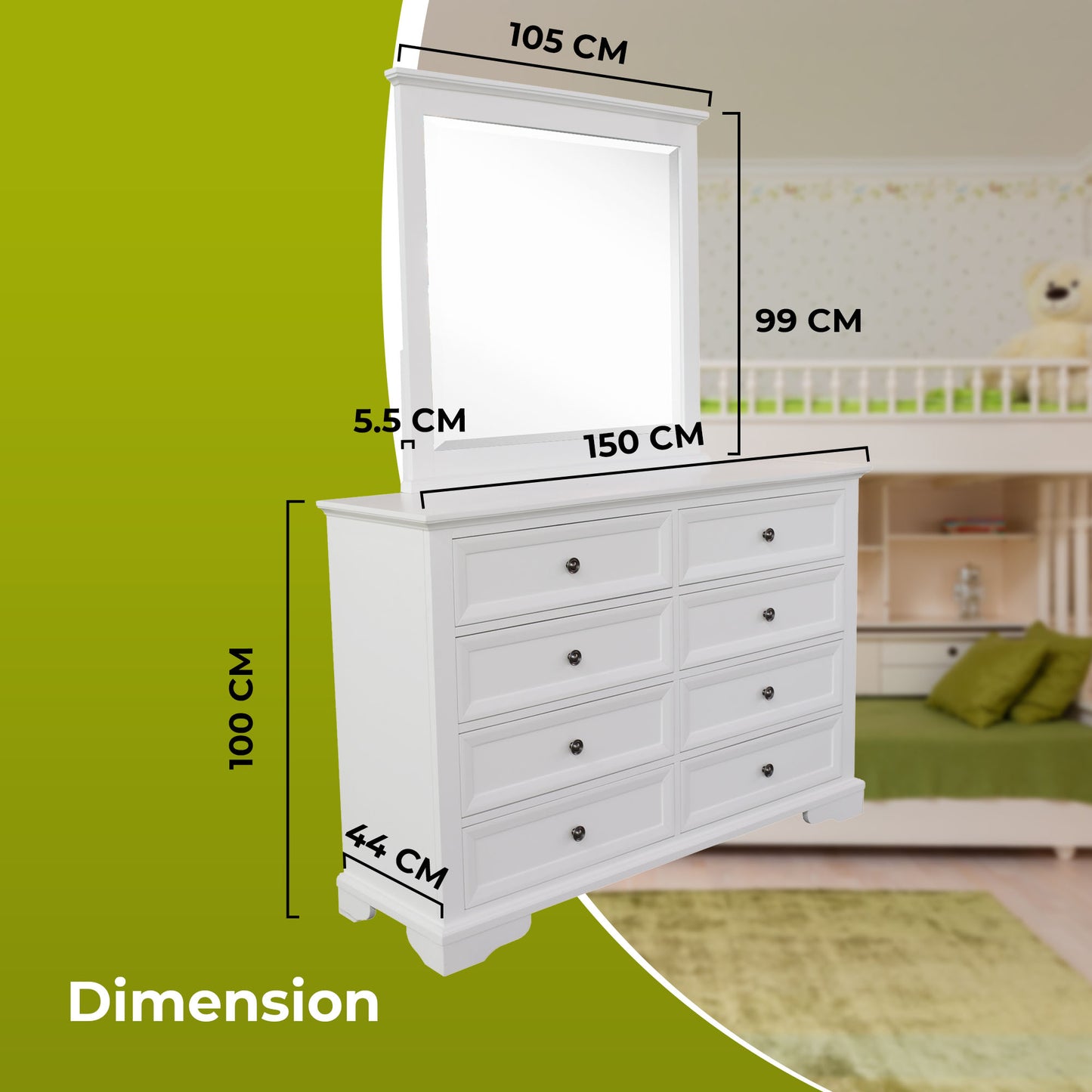 Celosia Dresser Mirror 8 Chest of Drawers Bedroom Timber Storage Cabinet - White