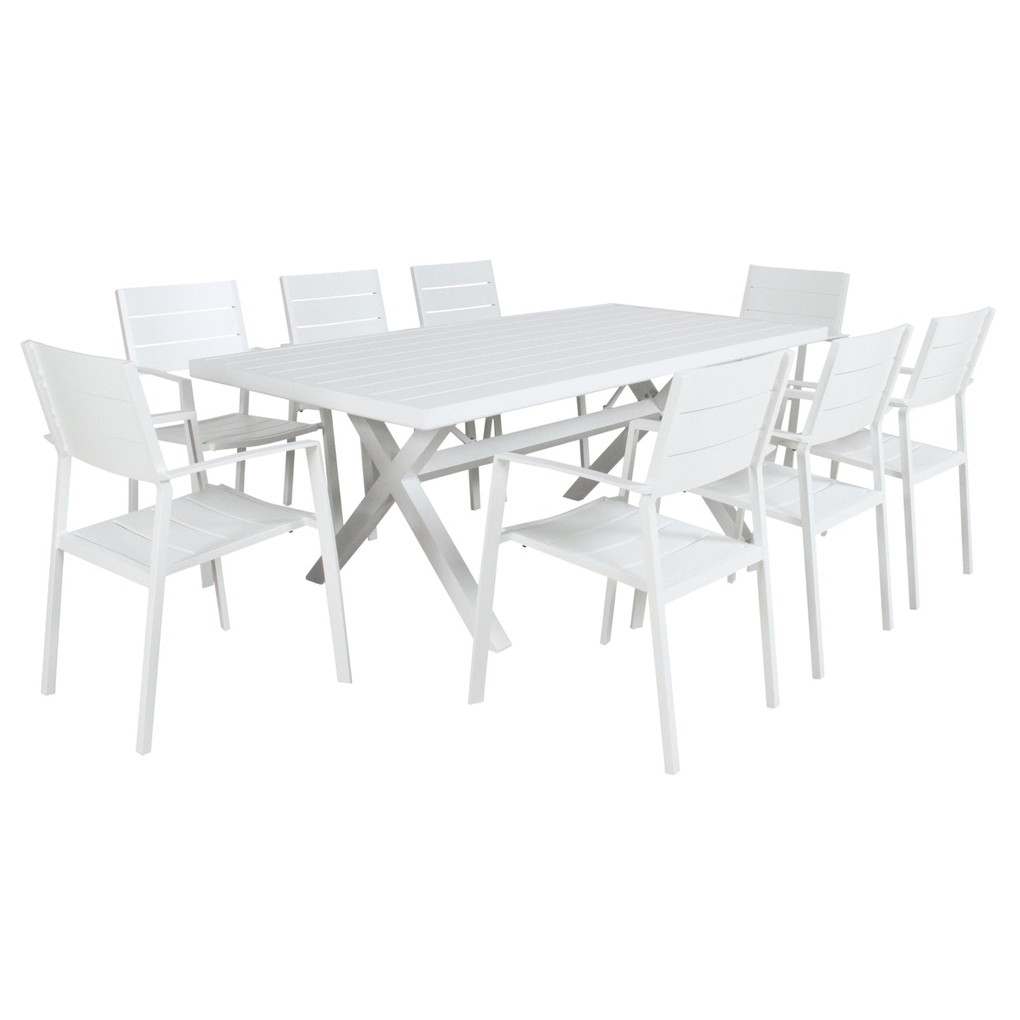 Percy 9pc 200cm Outdoor Trestle Dining Table Chair Set Aluminium Frame White