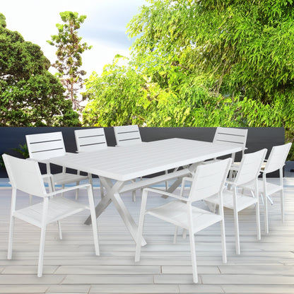 Percy 9pc 200cm Outdoor Trestle Dining Table Chair Set Aluminium Frame White