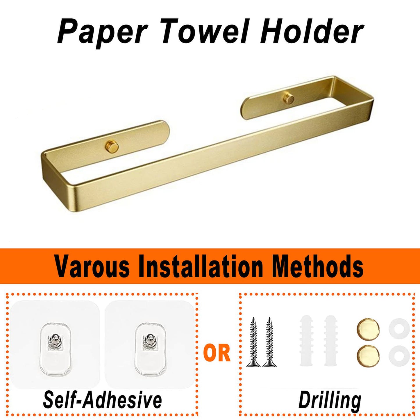 Gold Kitchen Bathroom Paper Holder Towel Holder Self Adhesive or Screw Mount 40cm