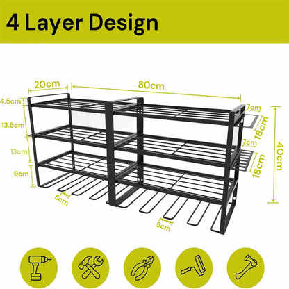 Large Power Tool Organizer 4 Layers Garage Tool Storage Rack Workshop Tool Shelf Drill Pliers Hammer Rack