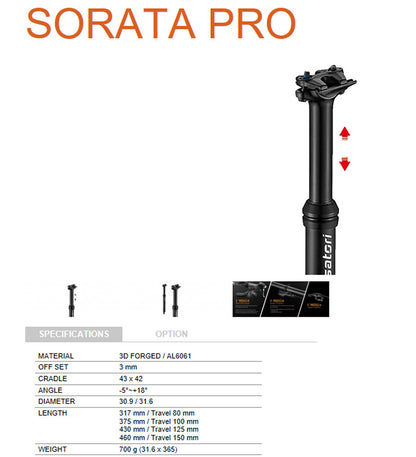 Satori Sorata Pro Height Adjustable Dropper SeatPost Internal Cable 31.6 Diameter 150mm Travel