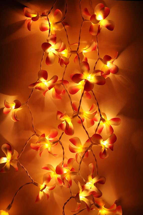 1 Set of 20 LED Orange Frangipani Flower Battery String Lights Christmas Gift Home Wedding Party Decoration Outdoor Table Garland Wreath