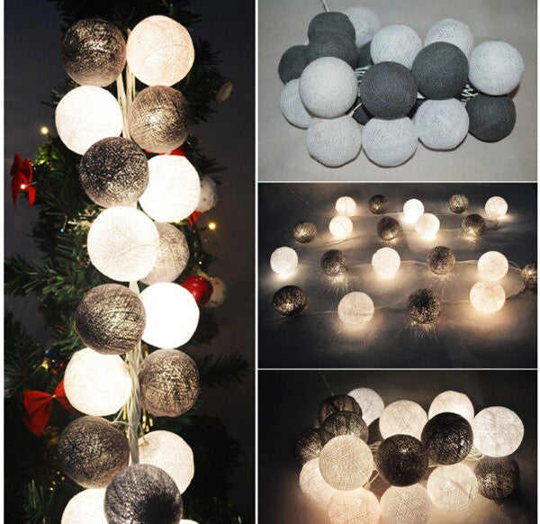 1 Set of 20 LED Black White 5cm Cotton Ball Battery Powered String Lights Xmas Gift Home Wedding Party Bedroom Decoration Outdoor Indoor Table Centrepiece