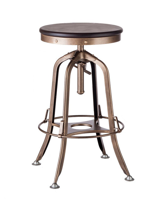 Industrial Wooden Height Adjustable Swivel Bar Stool - French Brass