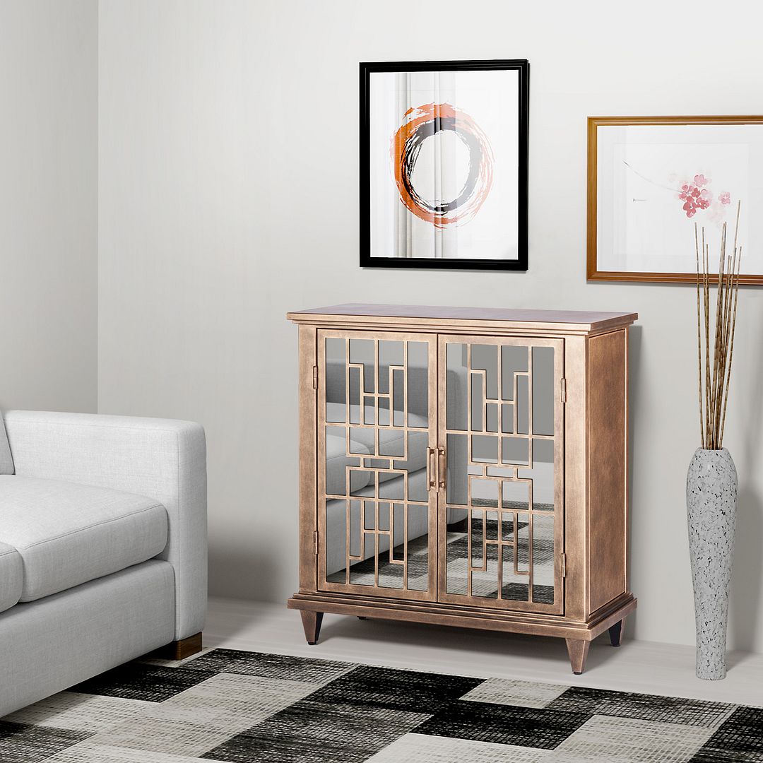 Sideboard Buffet Cabinet Storage with Mirrored Glass Doors in French Brass Finish