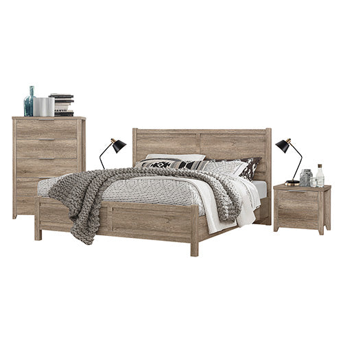 4 Pieces Bedroom Suite Natural Wood Like MDF Structure Double Size Oak Colour Bed, Bedside Table & Tallboy