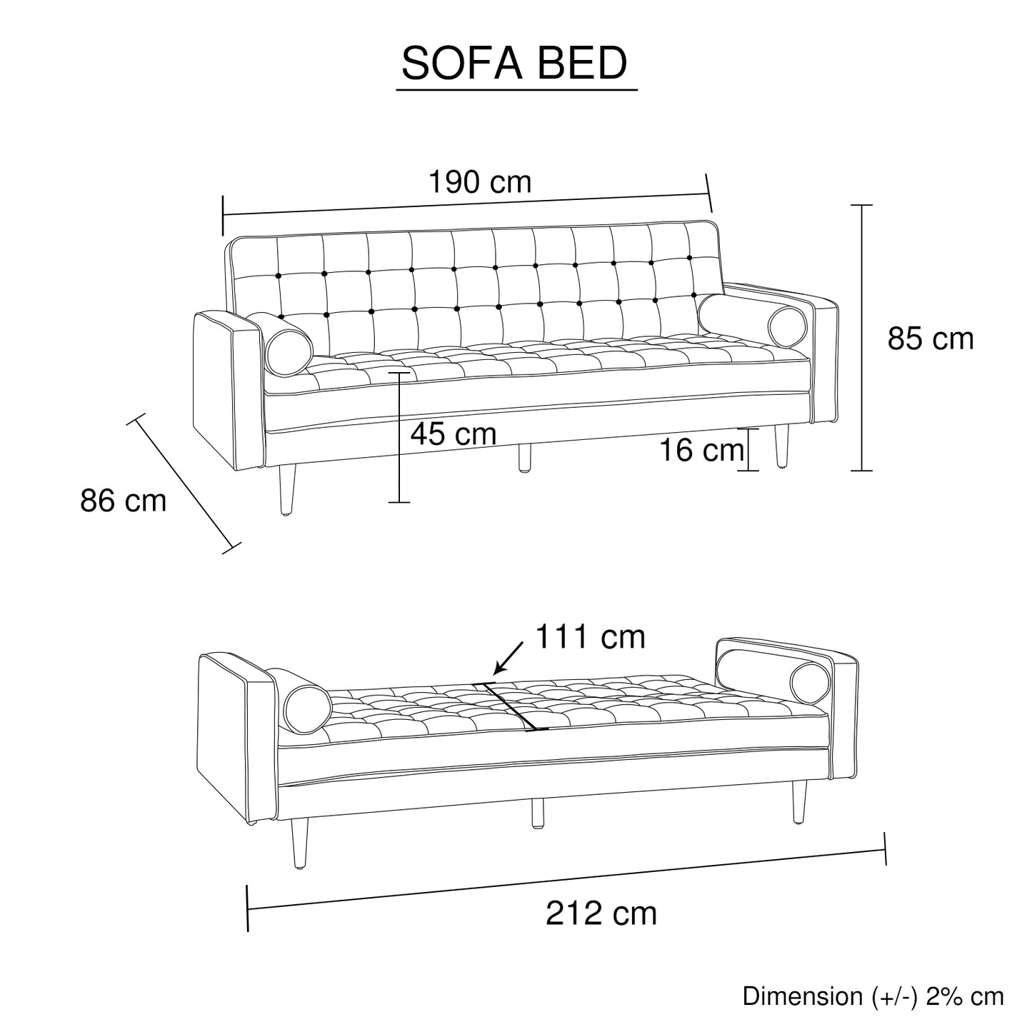 Sofa Bed 3 Seater Button Tufted Lounge Set for Living Room Couch in Velvet Fabric Black Colour