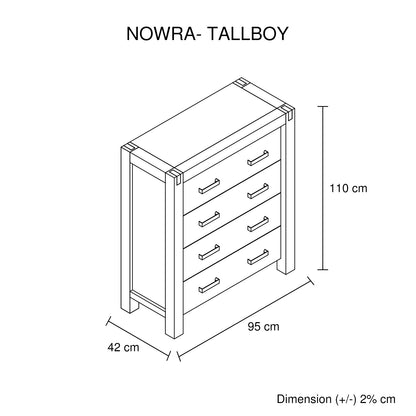 Tallboy with 4 Storage Drawers Solid Wooden Assembled in Chocolate Colour