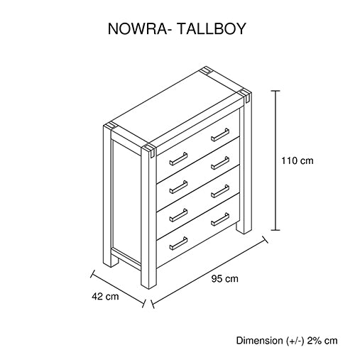 Tallboy with 4 Storage Drawers Solid Wooden Assembled in Oak Colour