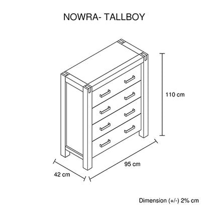 Tallboy with 4 Storage Drawers Solid Wooden Assembled in Oak Colour