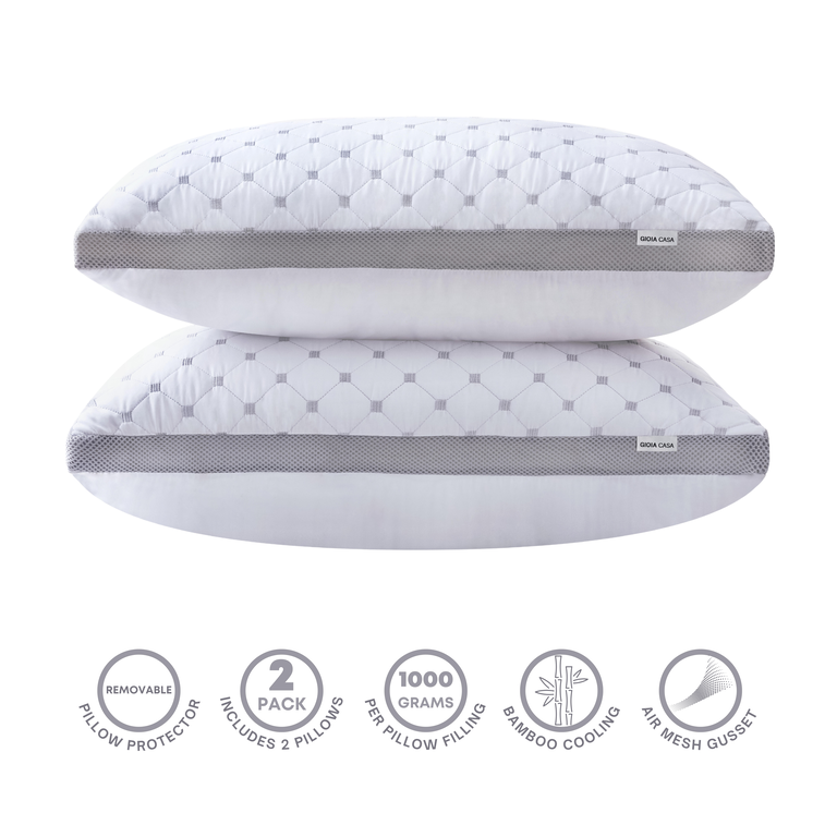 Luxury Bamboo Cooling Twin pack plush down-like pillows with 2 bonus quilted waterproof pillow protectors