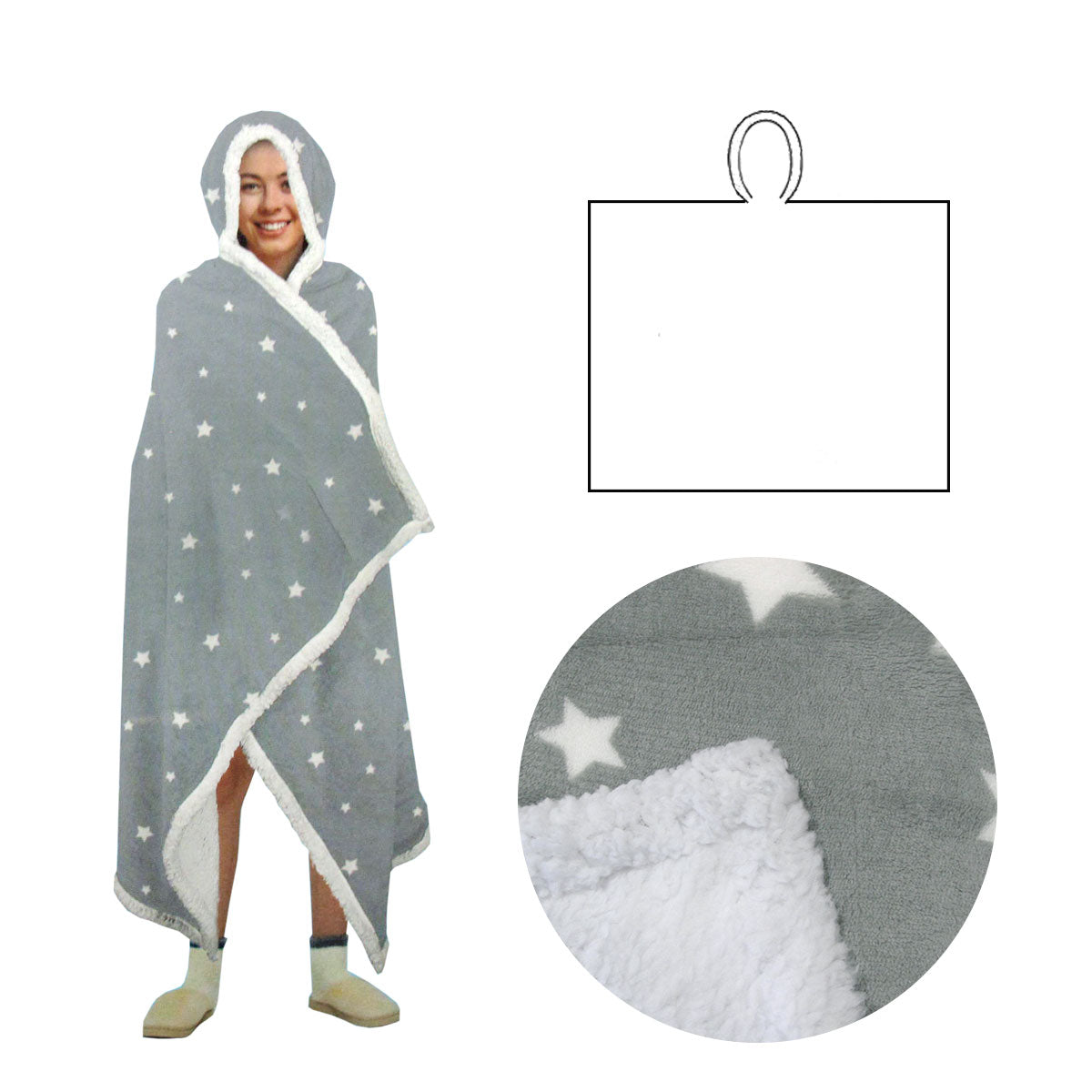 Adult Men Women Open Blanket Hoodie Poncho with Sherpa Fleece Reverse Silver Star