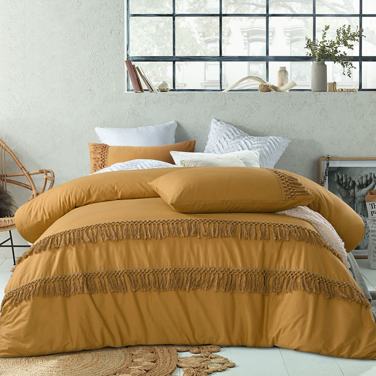 Vintage Design Homewares Boho Ochre Cotton Tassel Quilt Cover Set King