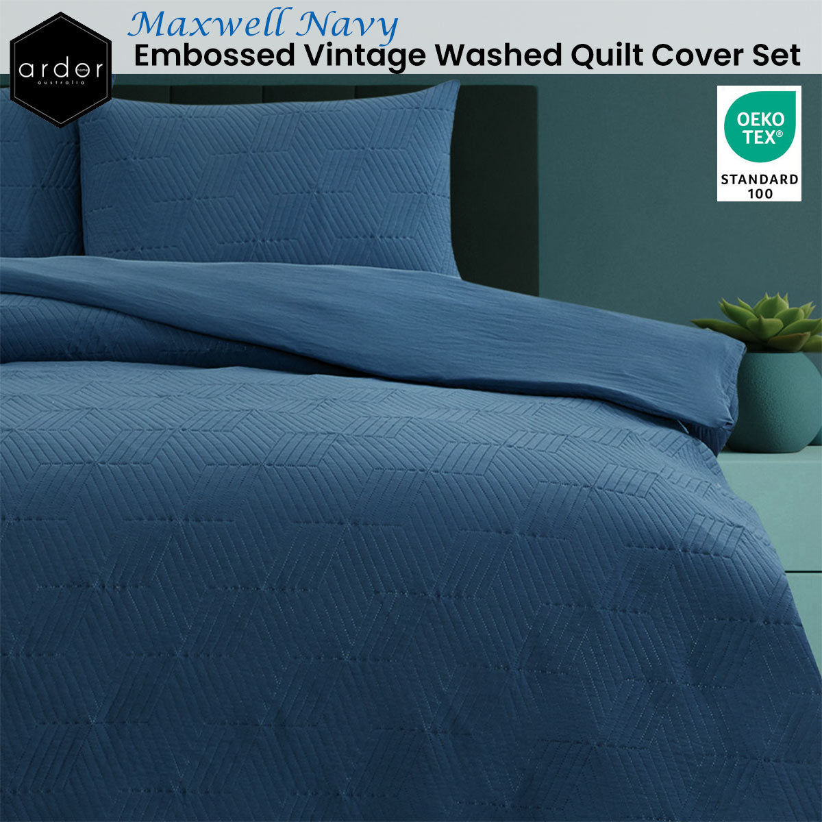 Ardor Maxwell Navy Embossed Vintage Washed Quilt Cover Set Queen