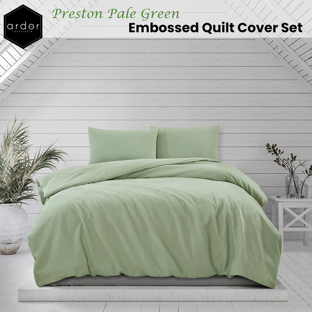 Ardor Preston Pale Green Embossed Quilt Cover Set Queen