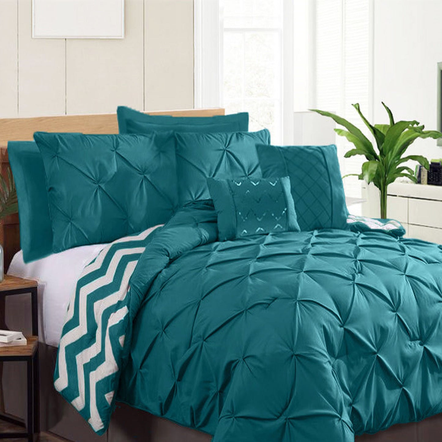 Ramesses 7 Piece Pinch Pleat Comforter Set Teal Queen