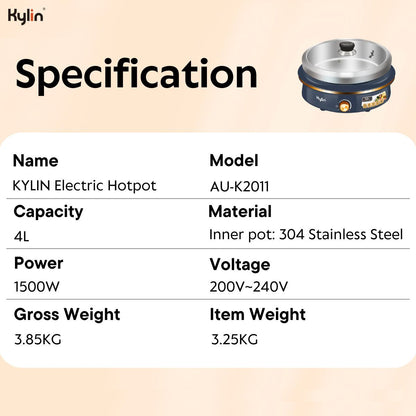 Kylin Electric 1500W Hotpot with Stainless Steel Inner Pot 4L AU-K2011