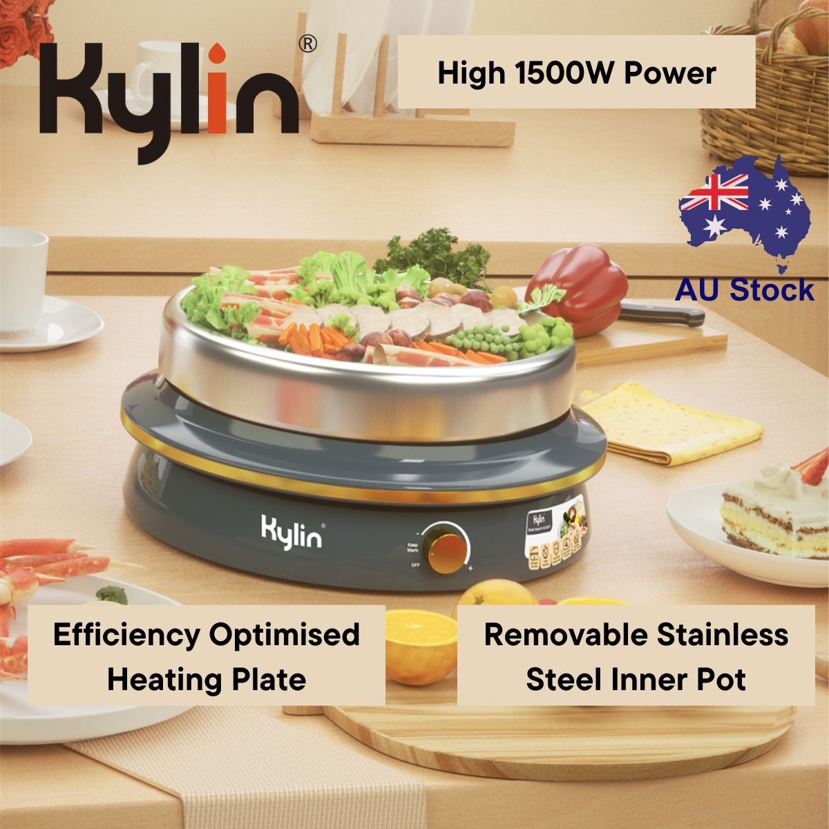 Kylin Electric 1500W Hotpot with Stainless Steel Inner Pot 4L AU-K2011