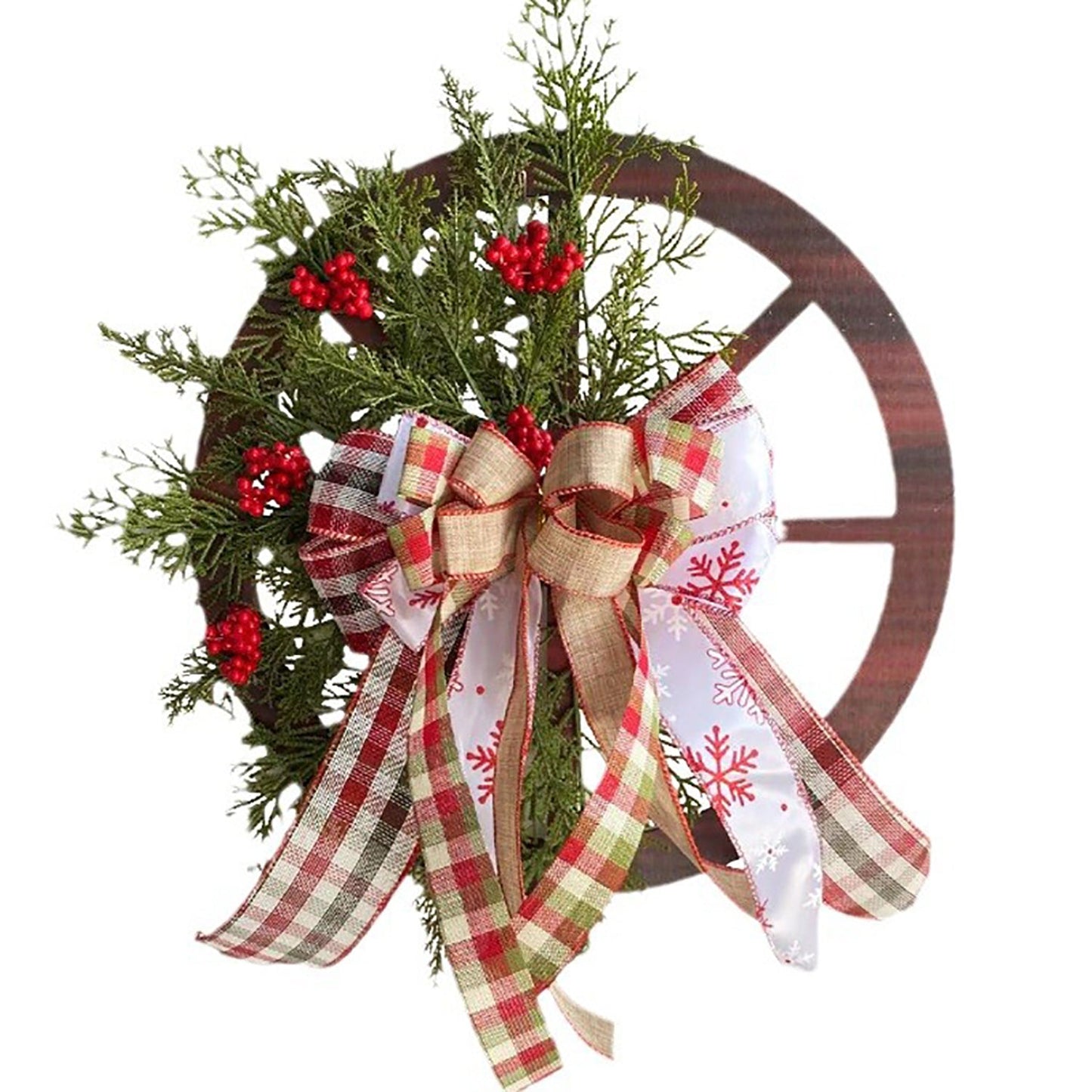 Christmas Red Wooden Wheel Wreath Front Door Hanging Garland Wall Decor(40*40cm)