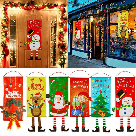 Christmas Hanging Banner Flag Door Window Décor Santa Reindeer Snowman Ornaments, Set of 6