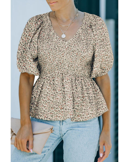 Azura Exchange Puff Sleeve Smocked Top with Floral Print - 2XL