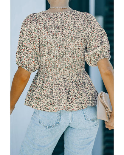 Azura Exchange Puff Sleeve Smocked Top with Floral Print - S