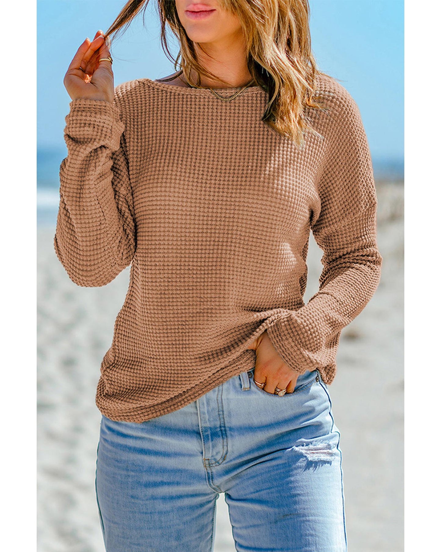 Azura Exchange Waffle Knit Drop Shoulder Long Sleeve Top - M